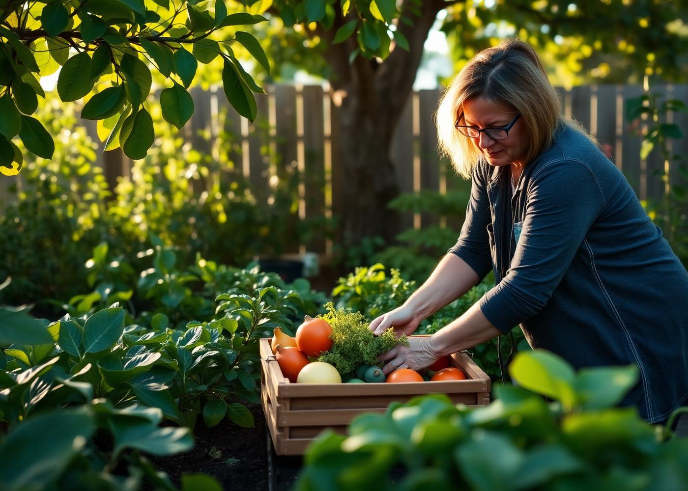 A gardener harvesting vegetables into a wooden crate in a Houston backyard garden